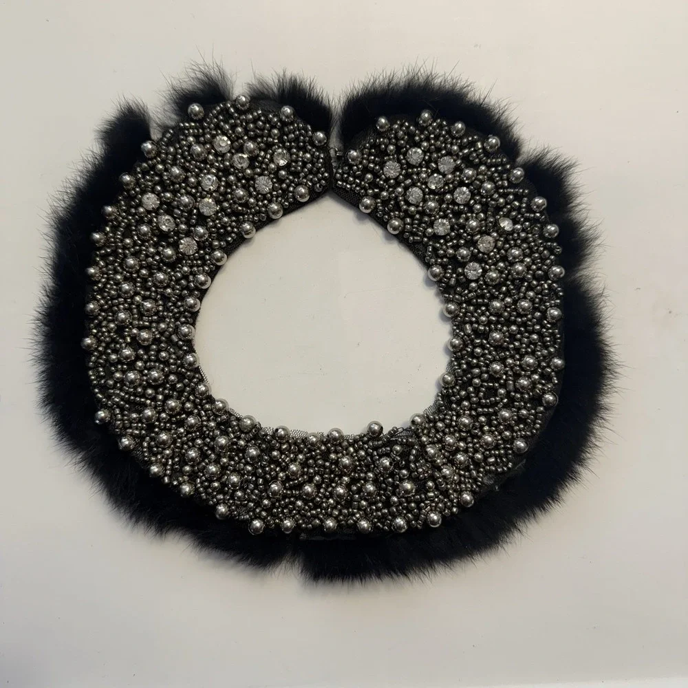 Vintage Handmade Fur & Faux Pearl Beaded Collar Necklace Black For Tops,Sweaters